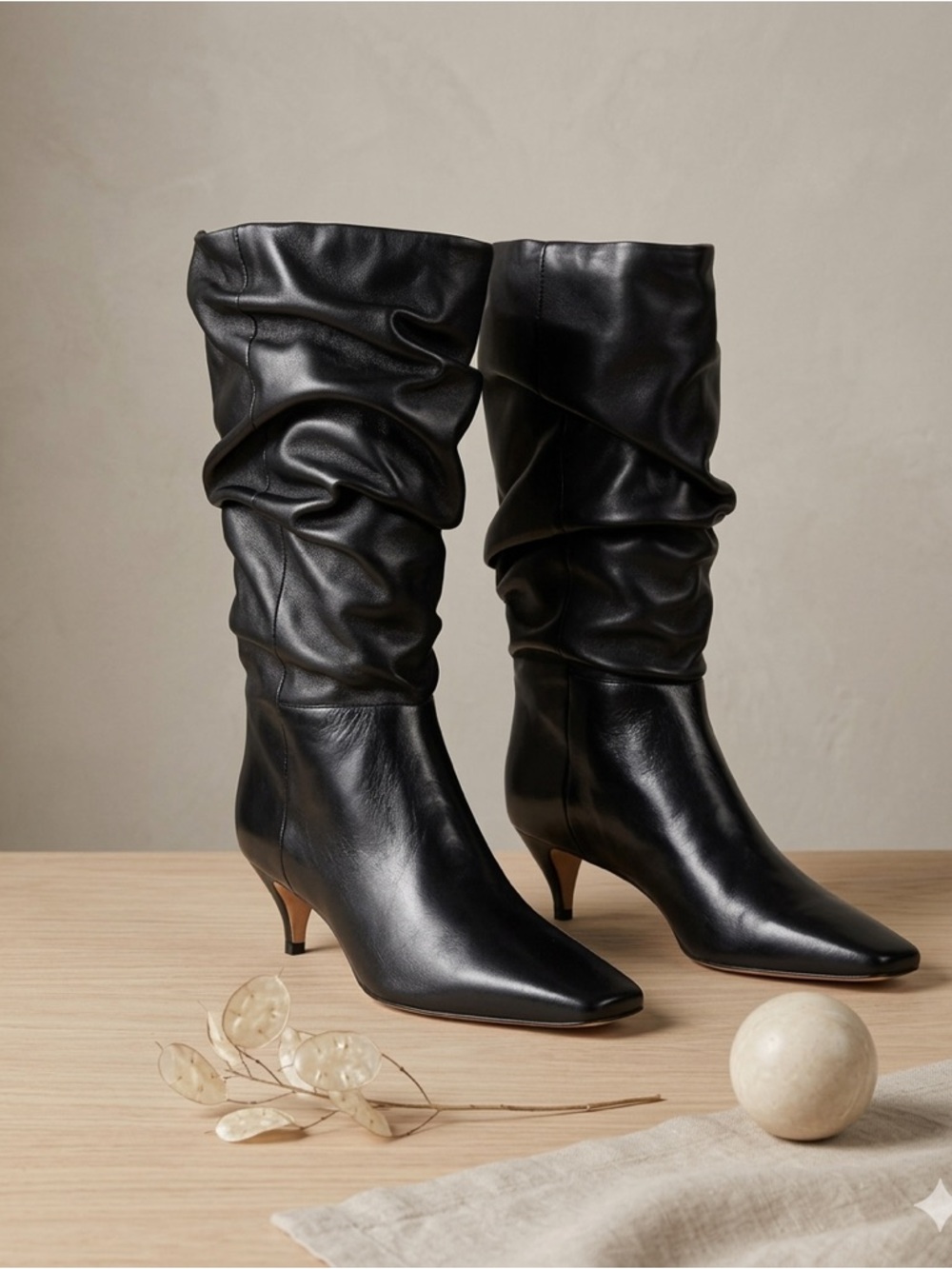 Reformation Rosie Mid Shaft Black Leather Slouchy Heeled Boots Women's 8.5 NIB